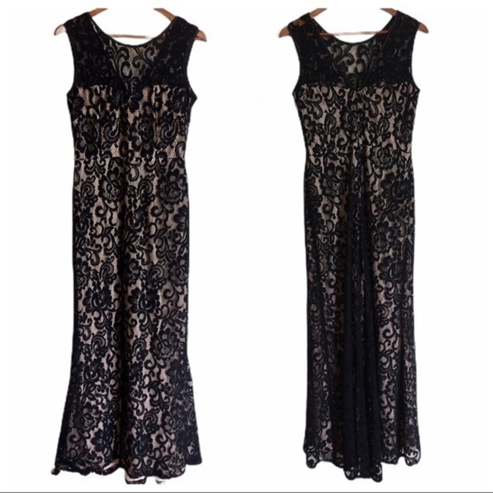 Betsy & Adam Nude and Black Lace Gown